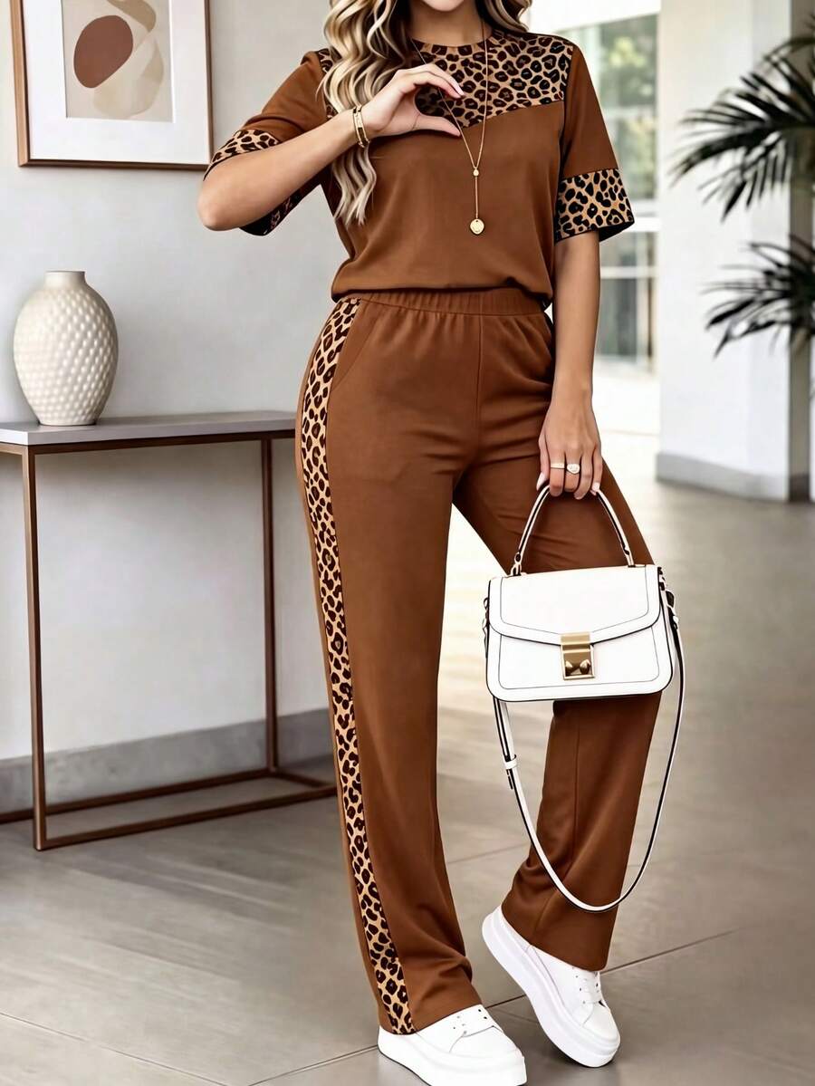 Damen Lässig Rundhals 2-teiliges Set, Leopardenmuster Kurzarm Top kombiniert mit Seitenstreifen Hose Sommer Braun - Braun - Übersicht 1