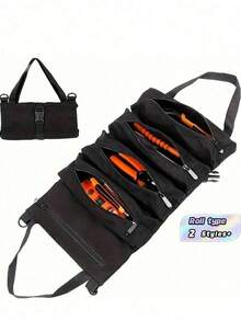 Bolsa de herramientas enrollable resistente y práctica, con múltiples compartimentos, un asa, una correa ajustable para el hombro y cierre con cremallera. Portátil y práctica, puede almacenar eficientemente varias herramientas manuales y accesorios. - Bolsa para guardar herramientas - Ver 3