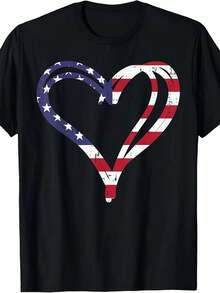Unisex T-shirt gjord av ren bomull, med doodle-hjärta och amerikansk flagga till minnesdagen 4. PlatzVonJuli Unisex T-shirt, 100% bomull, mjuk och bekväm, korta ärmar, vintage-stil, rund halsringning, lätt stretch, normal passform, sommar-t-shirt, sommarkläder för kvinnor, sommaroutfit för män, damtröja, kreativ design, utomhuslek, cool stil, rolig design, söt stil, sommarkläder - Svart - Visa 1