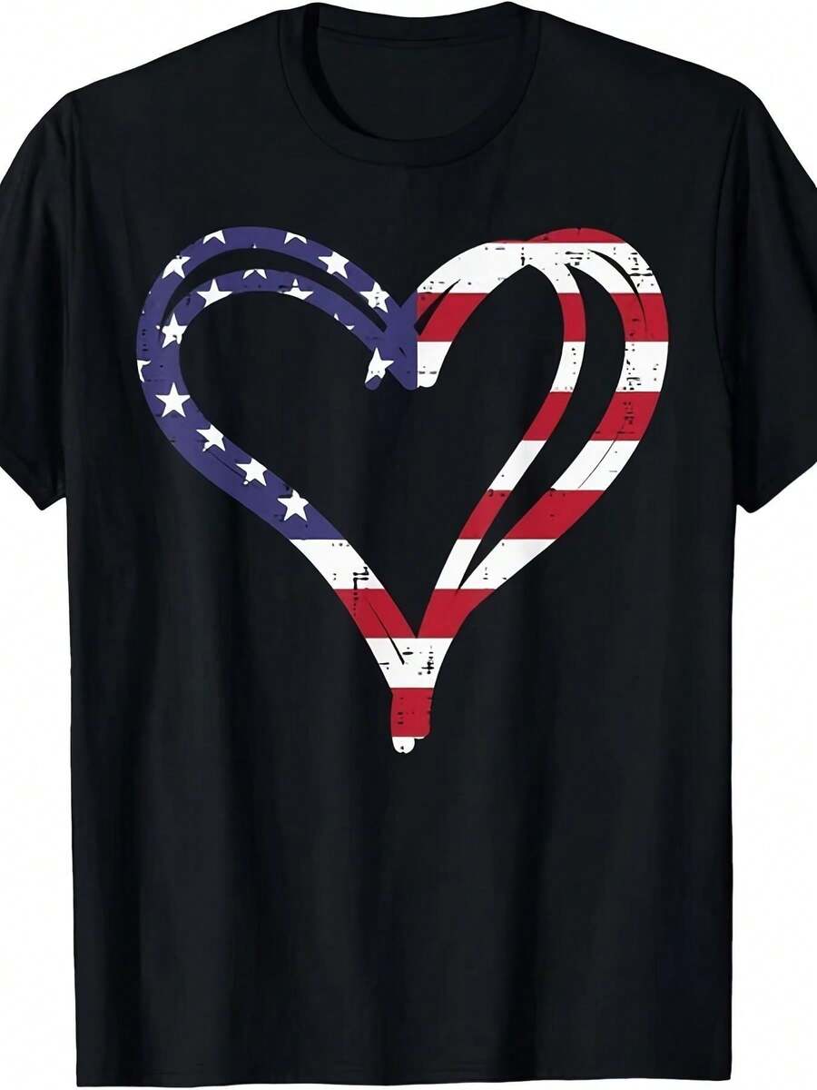 Unisex T-shirt gjord av ren bomull, med doodle-hjärta och amerikansk flagga till minnesdagen 4. PlatzVonJuli Unisex T-shirt, 100% bomull, mjuk och bekväm, korta ärmar, vintage-stil, rund halsringning, lätt stretch, normal passform, sommar-t-shirt, sommarkläder för kvinnor, sommaroutfit för män, damtröja, kreativ design, utomhuslek, cool stil, rolig design, söt stil, sommarkläder - Svart - Visa 1
