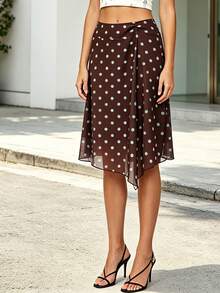 Womens Summer Midi Skirt A Line Stylish Dot Print Asymmetrical Hem Mid Rise Skirts - Marrón - Ver 3