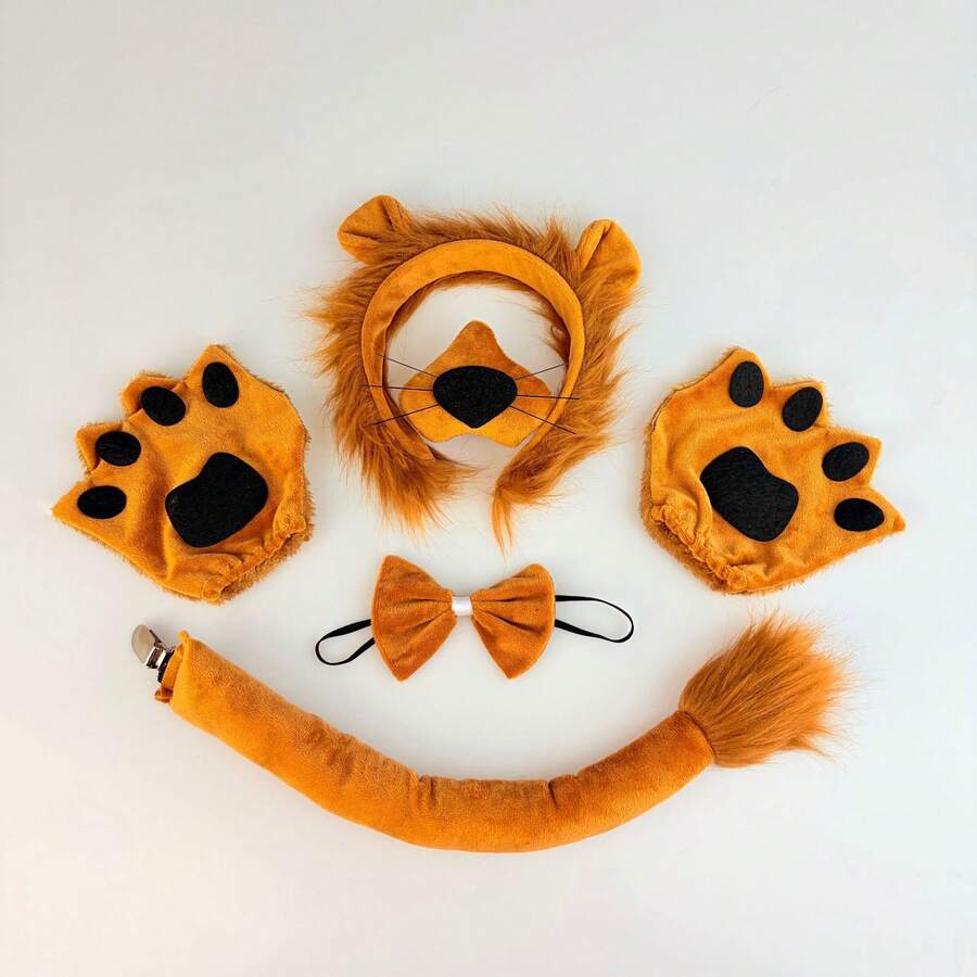 Animal Lion Party Accessory Set, Includes Headband, Nose, Half-Finger Gloves, Bow Tie, Tail, Animal Party Costume Accessories, Suitable For Stage Performance, Drama Performance, Halloween, Carnival And Various Holiday Parties - Lion - View 1