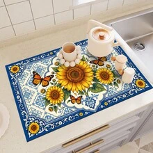 1pc Dish Drying Mat, Coffee Machine Mat, European Blue & White Floral Border With Sunflower & Butterfly Pattern, Durable, Highly Absorbent, Suitable For Dining Table, Cafe, Multi-Purpose Drainage Mat, Home Gift, Tabletop Decor - XYLSD-454 - View 6