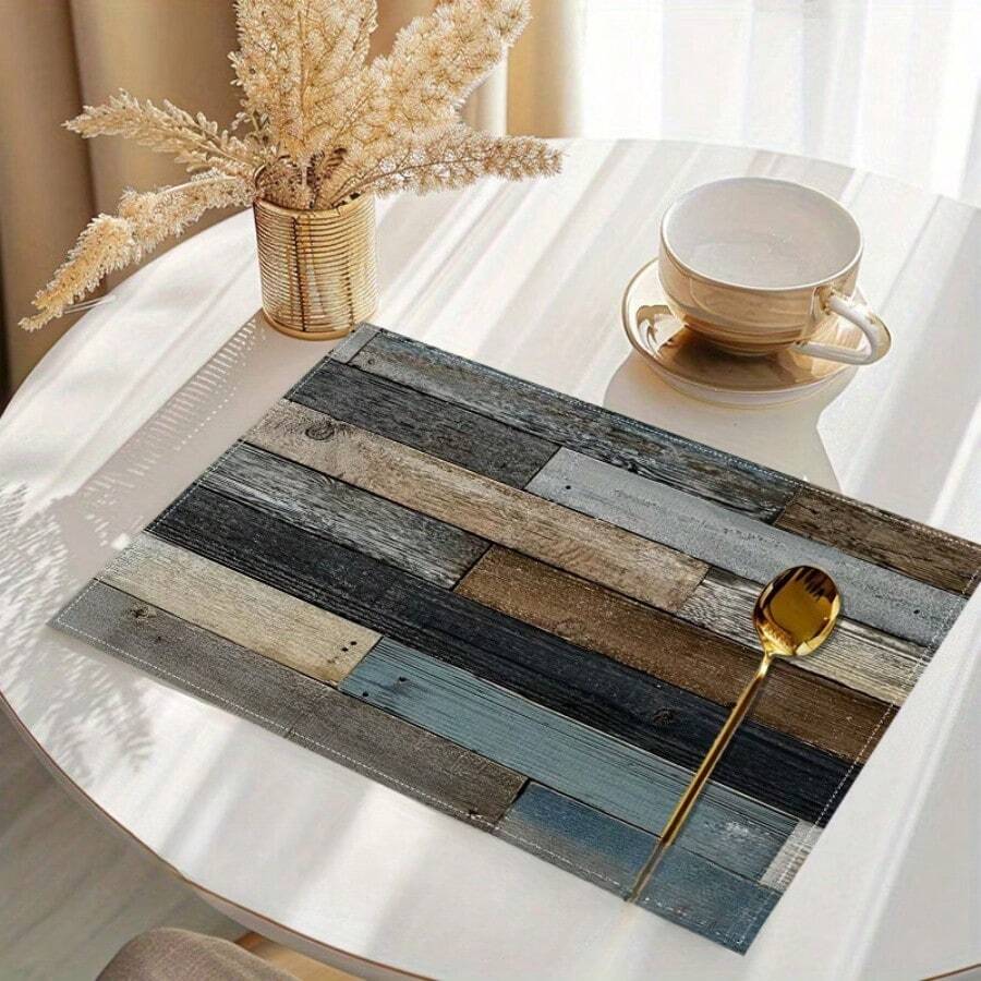 1/2/4/6/8入組印花長方形餐墊，100%聚酯纖維，18"*12"(45*30cm)，復古木紋與條紋圖案，防水防污耐熱，可機洗，適用於居家、餐廳、B&B，四季皆宜