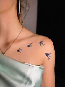 1pc Simple Watercolor Blue Patterned Flying Swallow Group Tattoo Sticker, Temporary Tattoo Sticker, Simulated Tattoo Design, Suitable For Travel, Music Festival, Games, Graduation Gifts, Lasts For 3-5 Days - Blue - View 5