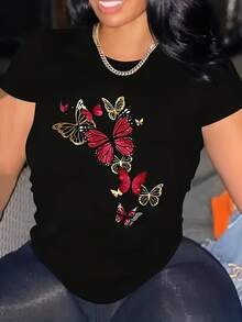 Plus Size - Plus Size - New Women's Plus Size T-Shirt With Butterfly Print - 黑色 - 查看 1