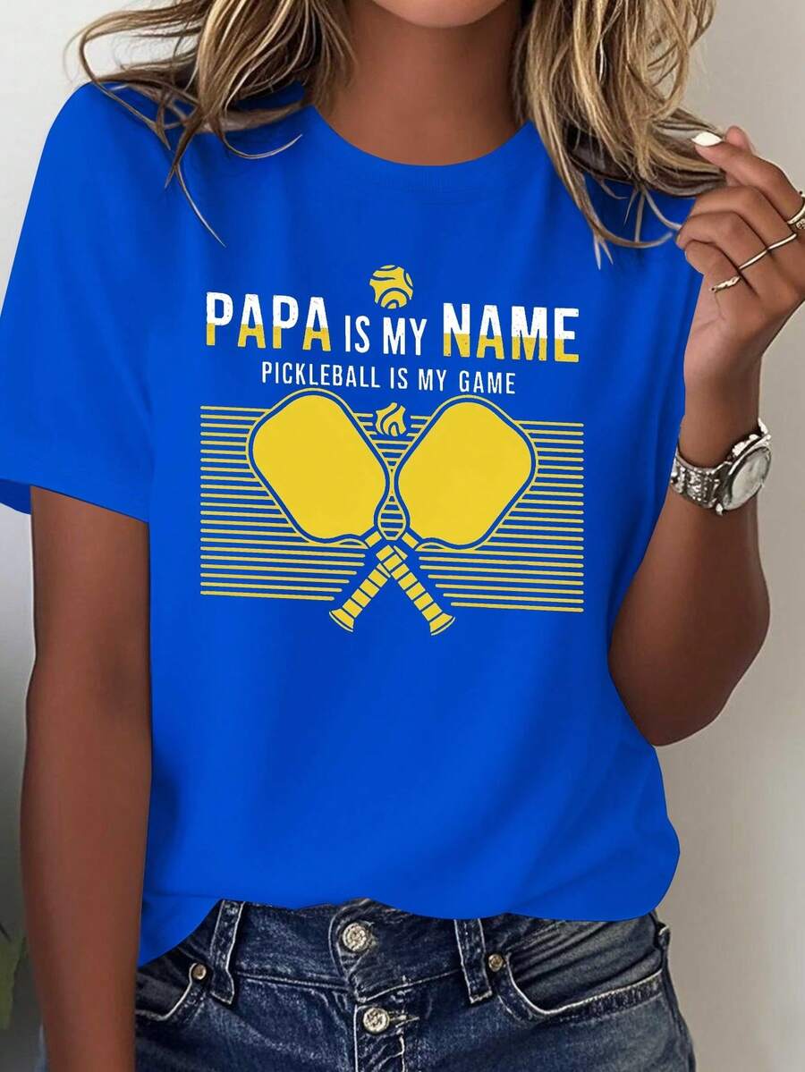 Women's Pickleball T-Shirt - Slogan "Dad Is My Name, Pickleball Is My Game" With Racket Design - 100% Casual And Comfortable Style - Racket And Ball Print - Suitable For Casual Wear In All Seasons, Ideal For Pickleball Enthusiasts - Machine Washable - Black With Yellow Lettering - Perfect For Racket Lovers - Loose Fit With Racket And Ball Print - Soft And Breathable Fabric - Ideal Choice For Pickleball Games - 100% Cotton - 藍色 - 查看 1