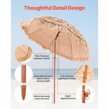 Tiki Umbrella, 6.5 Ft Thatched Patio Umbrella With Tilt, Hawaiian Style Beach Parasol With Durable PP Thatch And 8 Metal Ribs, Grass Pool Umbrellas For Beach, Patio, Poolside, Backyard & Garden - 6.5英尺 - 查看 7