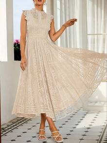 Women's Wedding Guest Dress, New And Elegant Fan-Shaped Lace Flared Dress, Retro Sleeveless Lace Dress, Suitable For Wedding Bridesmaid Dress, Evening Party, Casual Romantic Dates - 灰藍色 - 查看 5