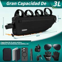 Bolsa de tubo superior para bicicleta, 3L Bolsa Triangular Impermeable para Cuadro de Bicicleta, Bolsa para el Marco de la Bicicleta, con bolsillos laterales, Accesorios para Bicicleta de Montaa - Negro - Ver 3