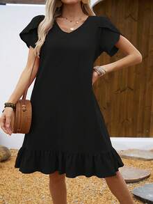 Women's Dress With V-Neck, Shell Sleeves And Ruffles - Black - View 2