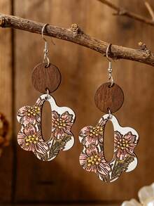 1 Pair Vintage Floral Patchwork Round Double-Layer Wooden Earrings, Summer Pastoral Printed Flower Daily Versatile Ear Jewelry - Multicolor - View 1