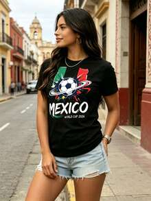 [Women's Summer T-Shirt] 2026 World Cup Theme | Mexico National Team Graffiti Style, Football Planet Ring | 100% Polyester, Vibrant Style For Women, Comfortable And Breathable Short Sleeves, Suitable For Men And Women. A Perfect Gift For Football Fans. - 黑色 - 查看 4