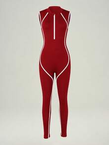 UONNOU Women's Half Zip Mock Neck Contrast White Line Sleeveless Jumpsuit, Ultra Soft High Elastic Peach Butt Lifting Seamless One Piece Gym Bodysuit - Burgundy - View 6