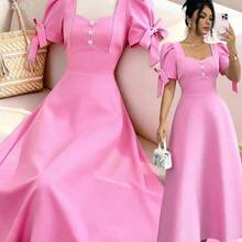 xuehuamaoyi02 Qadelle Vestido rosa de línea A con cintura ceñida, decoración de puño con botón de perla, manga con lazo, encantador, elegante, dulce y lindo, adecuado para uso diario, vacaciones, viajes, citas, estilo de calle francés, versátil y retro, vestido corto de manga corta de primavera/verano en color rosa - Rosa Pálido - Ver 4