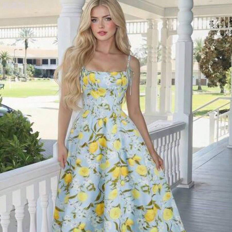 yonghongmaoyi1 MOD Vestido de tirantes con estampado de limón para mujer - Multicolor - Ver 1