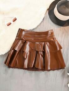Women's High Waist Mini Skirt - Solid With Lace Details, H-Line Silhouette And Flared A-Line Hem, Structured Mini Skirt Without Belt, Ideal For Spring, Summer And Autumn. Casual Or Elegant Wear (Office, Party, Wedding) - [咖啡店] - 查看 1