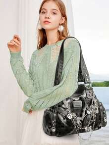 Fashion Minimalist Multi-Pocket Rivet Street Vintage Elegant Versatile Underarm Crossbody Shoulder Bag For Shopping And Vacation - Grey - View 5