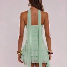 guangzhougaolangshangmao   Vestido mini de verano con volantes y bajo asimétrico, unicolor y sexy para mujer - verde menta - Ver 3