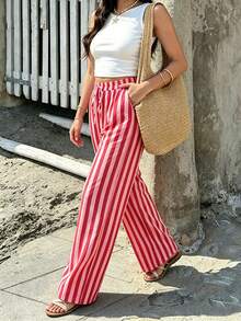 Loose Striped Wide Leg Pants, Casual Drawstring Waist Trousers For Women, Relaxed Style, Suitable For Spring, Summer, Autumn - Red - View 3