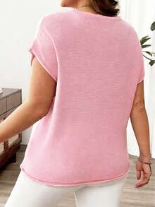 Plus Size Deep V-Neck Knit Top, Semi-Sheer Drop Shoulder Design, Regular Length, Slightly Stretchy Pink Summer - Pink - View 2