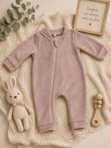 Children's Fleece Jumpsuit In Warm Pink With Front Zipper Opening - 乾枯玫瑰色 - 查看 3