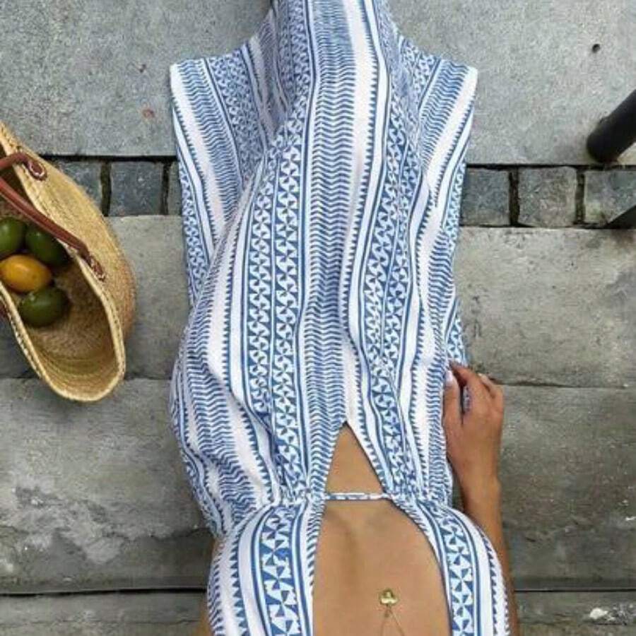 ghadjgyjad Vestido largo con cuello en V profundo, espalda descubierta y cintura con lazo en estilo línea A, elegante para mujeres en primavera/verano, boda, fiesta, minimalista, casual, uso diario - Azul - Ver 1