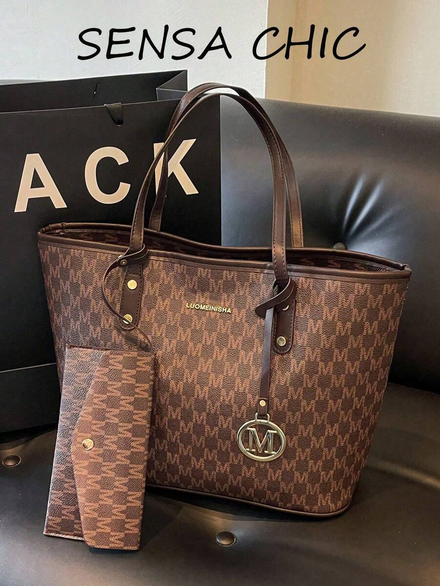 Tas Bahu Musim Dingin Terbaru, Warna Solid, Bahan PU Tahan Air, Desain Cetak Huruf Seluruh Badan, Tas Tangan Kapasitas Besar, Kombinasi 2-in-1, Tas Kerja/Komuter, Cocok untuk Belanja, Perjalanan, Pelajar, Pekerja Kantoran, dll. - Coffee Brown - View 1