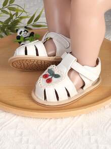 1 Pair Girls Heart Embroidery Cherry Hook And Loop Design Baby Toddler Sandals, Spring Autumn Summer - White - View 4