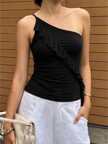Women One Shoulder Tops With Ruffle Trim Slim Solid Slash Neck Asymmetrical Crop Camisoles Stylish Summer Streetwear - Black - View 3