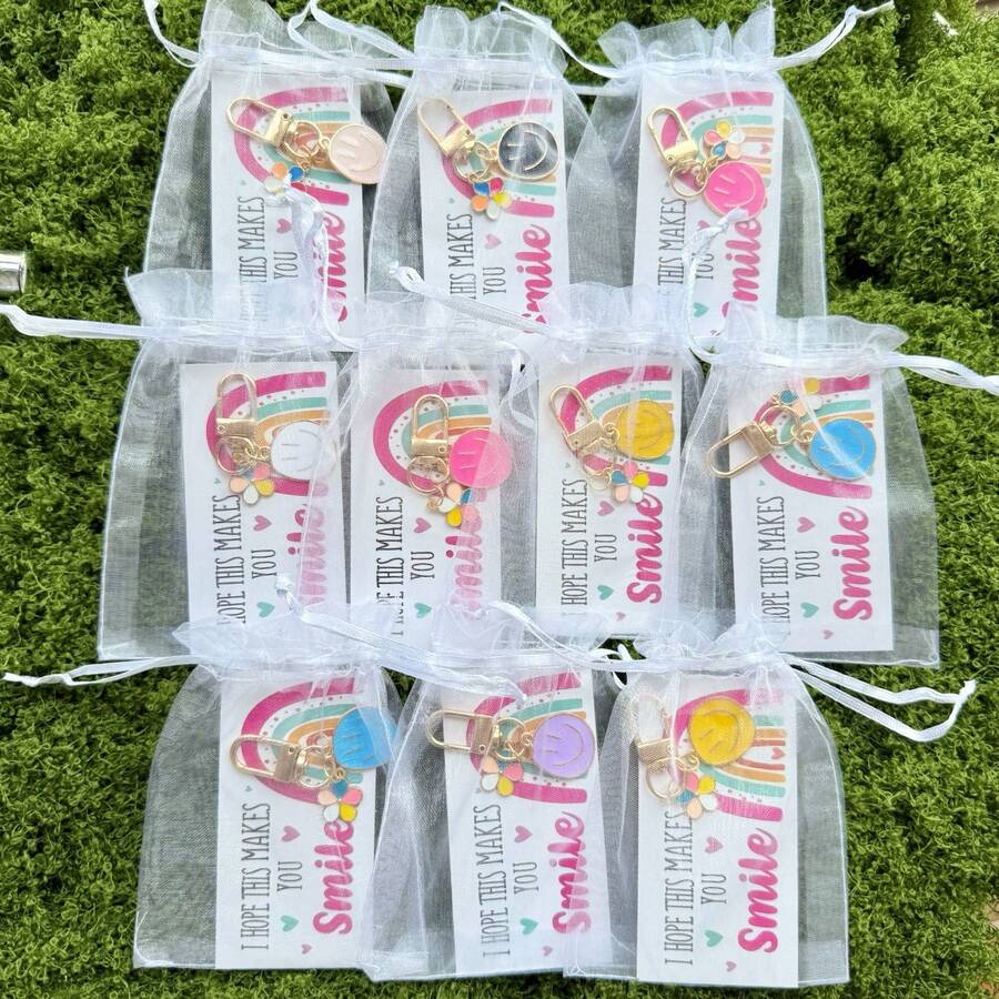 30个/套笑脸金属钥匙扣 - 彩色卡通钥匙扣配件，包括（10个钥匙扣+10张卡片+10个礼品袋） - 适用于钱包和手提包，可作钱包挂件 - 派对礼品