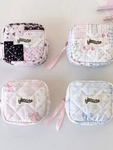 1Pc Kawaii Quilted Mini Storage Pouch With Lace-Up, Floral Bow Print Cosmetic & Sanitary Pad Bag, Portable Travel Organizer For Small Items - Multicolor - View 6