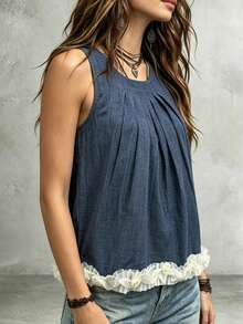 2026 Spring/Summer New Women's Sleeveless Ruched Crew Neck Top, Suitable For Summer & Valentine's Day - Blue - View 5