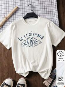 Y2K Style Summer Top, 100% Pure Cotton Soft T-Shirt, Cute And Fun Croissant Pattern, French Style, Breakfast Theme Print Crew Neck, Women's T-Shirt With Cartoon Coffee Style Lett - 白色 - 查看 1
