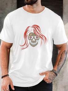 Men's Pure Cotton Short-Sleeve T-Shirt Casual Graphic Print Skull With Red Hair Design Loose Fit Summer Top Breathable Daily Wear Fashion Streetwear European Holiday Gift Idea Christmas Present New Year Festive Gift For Him  Comfortable Tee Lightweight Easy To Match - White - View 6