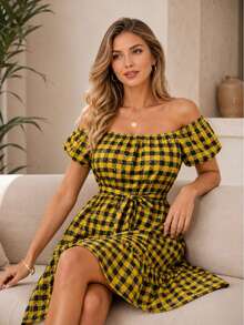 Elegant Women's Strapless Checkered Dress - Casual Fashion - Yellow - View 2