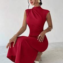 LunaCass8  Vestido largo de verano elegante y minimalista para uso diario, viajes y ocasiones casuales, con cuello mao, mangas drapeadas y cintura ceñida, color albaricoque - Marrón - Ver 8