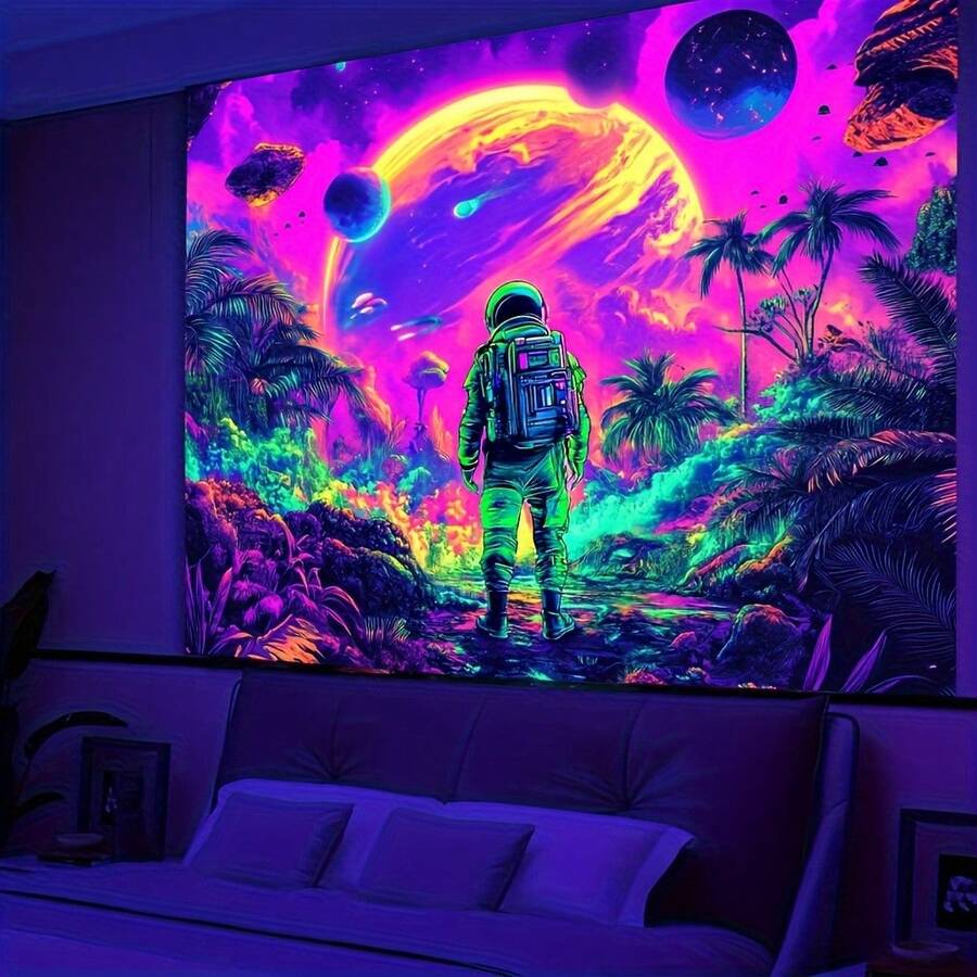 Interstellar Astronaut Tapestry - UV Reactive Polyester Party Backdrop, Glow-In-The-Dark Space Exploration Wall Decor, Summer Holiday Decoration, No Electricity Needed - Multicolor - View 1
