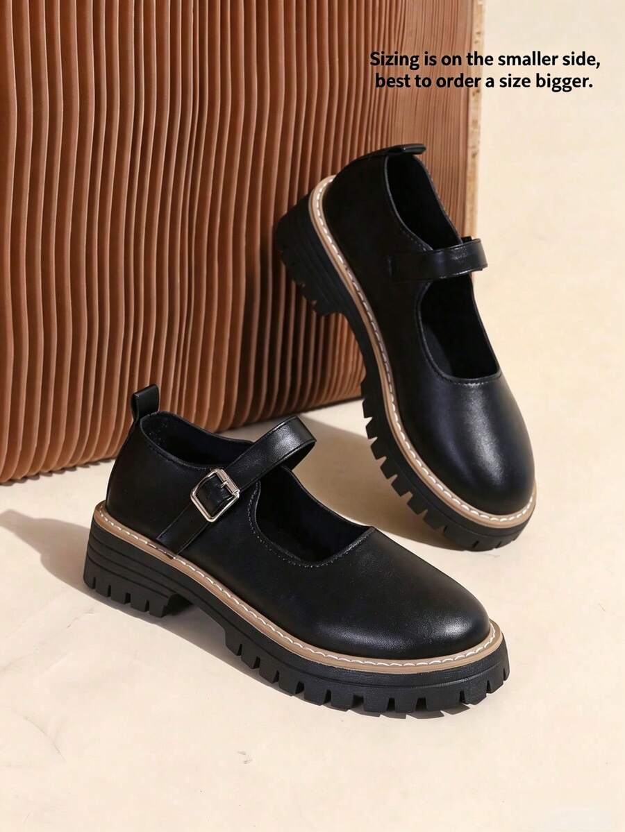 Giày bệt thanh lịch dành cho tuổi teen, mũi tròn, gót dày kiểu retro, giày Mary Jane đế dày màu đen kiểu Pháp cổ điển, gót thấp siêu thoải mái, đế cao su êm ái, phù hợp cho việc đi lại hàng ngày. - màu đen - Xem 1