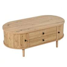 Oval Coffee Table In MDF With Vertical Slats, Sliding Doors And 2 Drawers. - Natural Color - View 10