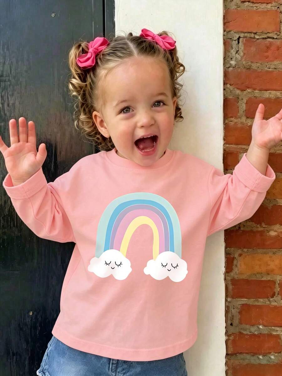 1pc Baby Girl Cute Long Sleeve T-Shirt, Rainbow Print, Soft Fabric, Casual Style - Pink - View 1