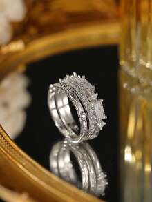 Gift Box Set 3pcs Silver Ring Combination, Twisted Band, Full Rhinestone Band And Rectangular Diamond Cluster Ring, Stackable Fashion Rings For Women - Silver - View 3