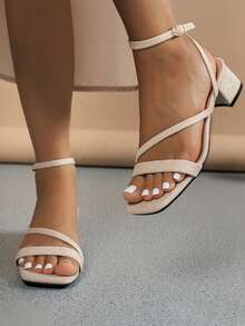 Sandals gót vuông thấp mùa hè quai cổ chân đan chéo da lộn giả thanh lịch - Màu be - Xem 5