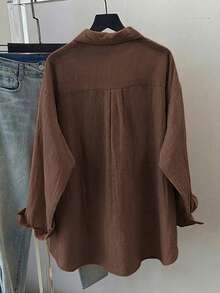 Women's Loose Casual Long Sleeve Shirt, Coffee Color, Spring/Autumn, With Drop Shoulder Design, Shirt Collar And Front Pockets, Woven Fabric For Everyday Casual Style - Brown - View 2