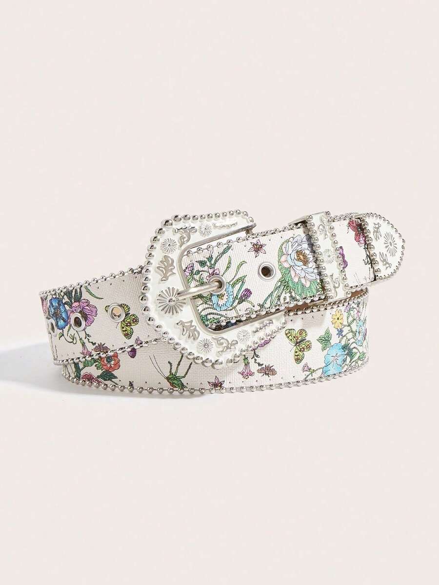 1pc Western Bohemian Style White Floral Carved Metal Buckle Women's Western Cowboy Fashion Belt, Suitable For Skirts, Dresses, Daily Wear, Fashion Style, Outdoor Activities, Gatherings, Parties, Christmas, Valentine's Day, Back To School Season, Halloween, Music Festivals, Autumn/Winter Accessories, All Season Outfits, Women, Mothers, Daily Commute, Vacation, Graduation Gifts, Birthday Accessories - White Pattern - View 1