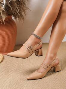 Spring/Summer Elegant Women's High Heels, Chunky Heel Comfortable Mary Jane Shoes, Pointed Toe Apricot Women's Shoes Backless Sandals Closed Toe Pumps, Banquet Style - Apricot - View 3