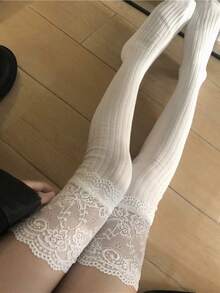 百搭素色蕾絲拼接過膝襪 - 黑色 - 查看 12