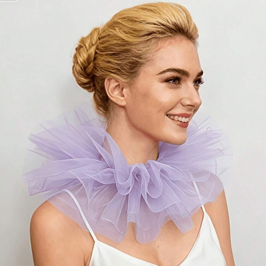 1pc Lightweight Mesh Clown Ruffle Neck Collar, Vintage Clown Style Neck Decor, Layered Mesh Victorian Faux Collar, Detachable Ruffle Neckpiece, Suitable For Halloween, Circus Cosplay, Renaissance Fair And Theme Parties - Light Purple - View 1