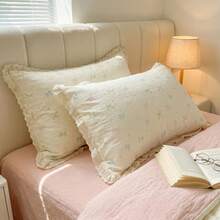 Juego de 2 fundas de almohada suaves y transpirables, accesorios de ropa de cama amigables con la piel y duraderos, con bordes exquisitos, decoración del hogar minimalista, adecuado para todas las estaciones - Blanco - Ver 1