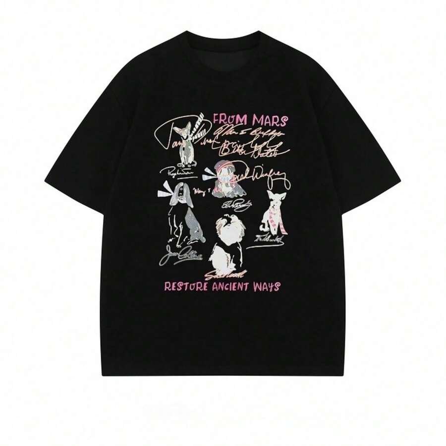 1 Piece Women's Funny Cat Meme T-Shirts, Casual Short Sleeve Tees, Streetwear Tops, Vintage Graphic Tees Y2K, 180g, 100% Cotton. - 黑色 11 - 查看 1